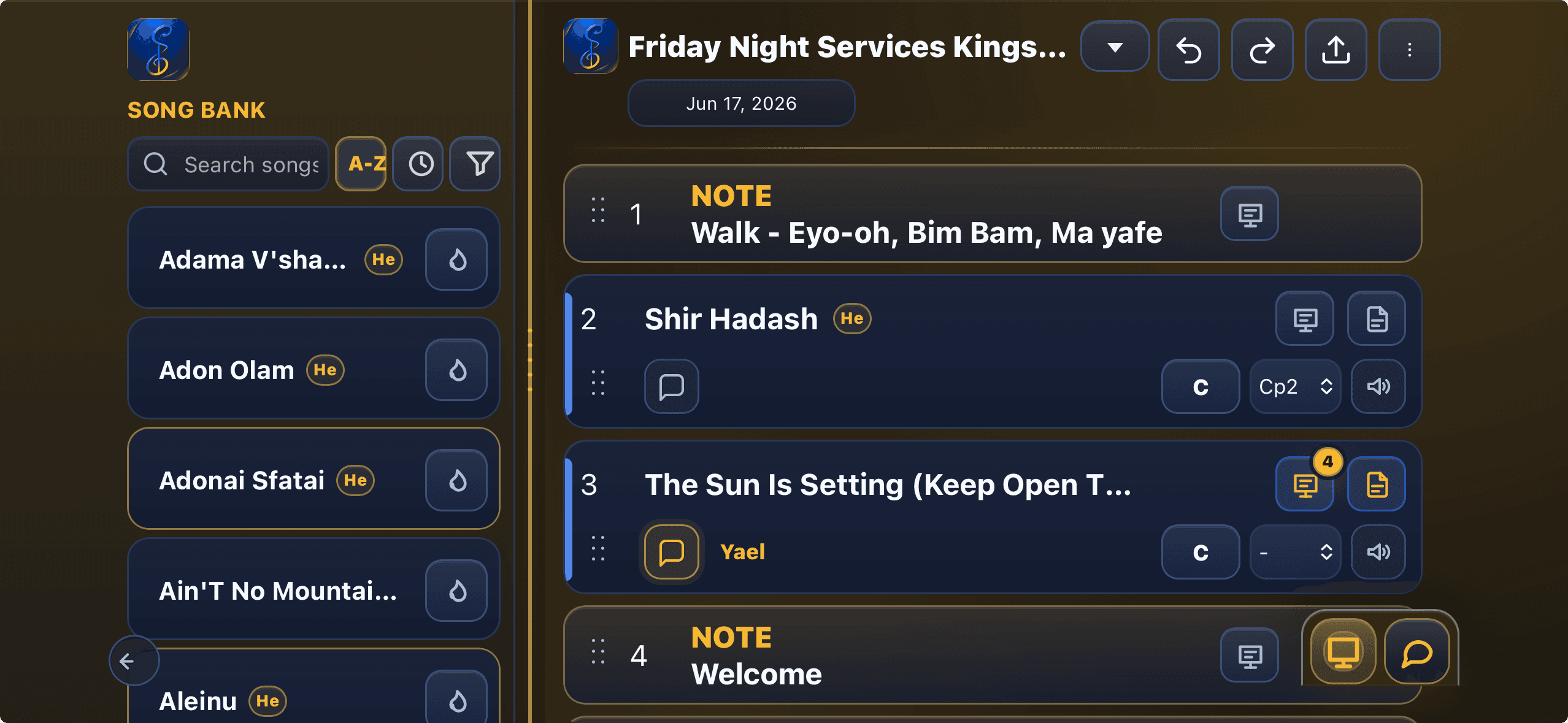 Songleader app showing the current setlist and Song Bank workspace