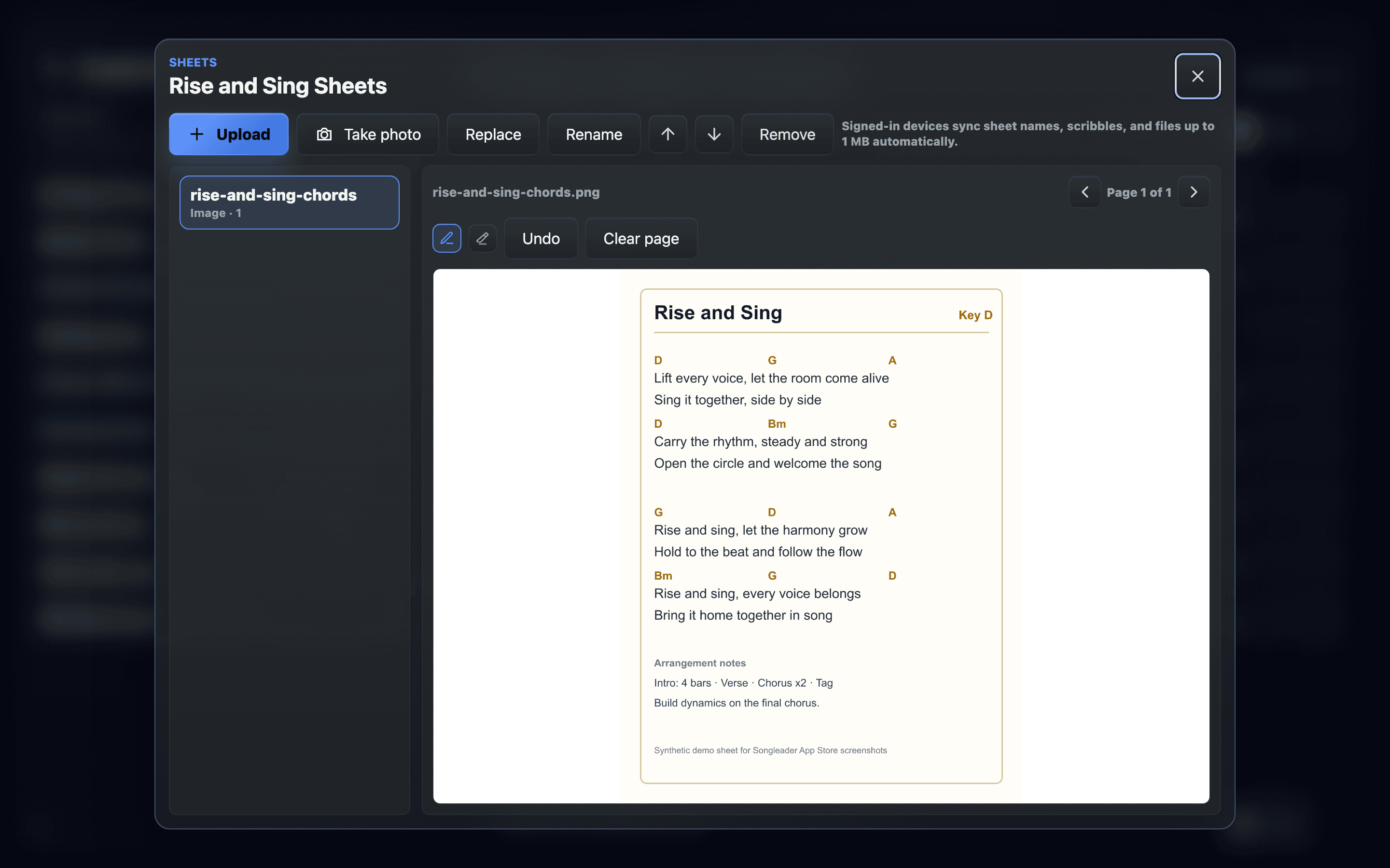 Songleader Sheets workspace with a chord chart and annotation tools
